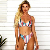 Bikini de corte alto con aros y rayas dulces - Multicolor